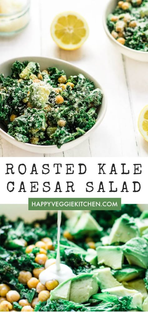 Roasted Kale Salad, Chickpea Croutons, Kale Salad Dressing, Warm Kale Salad, Roasted Kale, Creamy Caesar Dressing, Salad With Chickpeas, Baked Kale, Kale Caesar