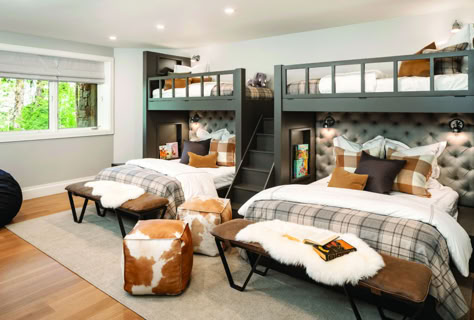 Deer Valley home, Built-in bunks, Queen bunk beds, Camel and grey ottoman Twin Bunk Over Full Bed, Guest Bedroom Ideas Cabin, Adult Bunk Beds Guest Rooms, Adult Bunk Beds For Small Room, Chalet Modern, Bunk Room Ideas, Bunk Bed Rooms, Bunk Beds Built In, Built In Bunks