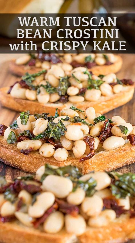 White Bean Crostini, Bean Bruschetta, Bruchetta Appetizers, Toasted Baguette Slices, Baguette Slices, Crispy Kale, Toasted Baguette, Crostini Recipes, Easy Mediterranean Diet Recipes