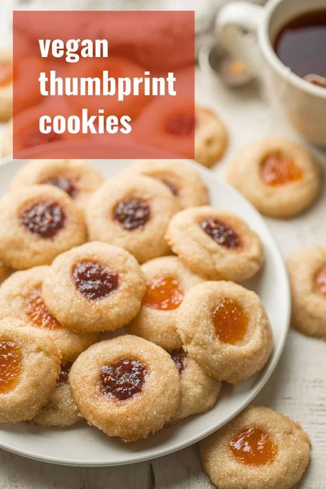 Gluten Free Bars Recipes, Vegan Thumbprint Cookies, Vegan Jam, Vegan Holiday Cookies, Healthy Vegan Cookies, Vegan Christmas Cookies, Vegan Snack Recipes, Thumbprint Cookies Recipe, Vegan Baking Recipes