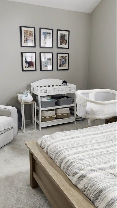 Master Room And Nursery Combined, Bedside Nursery Organization, Nursery In Parents Bedroom, Bedside Nursery Ideas Small Room, Small Bedroom With Baby Sharing, Bedside Newborn Station, Newborn Bedside Station, Bedside Baby Station, Newborn Set Up In Parents Room