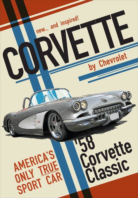 Vintage Corvette Poster, Retro Car Poster Vintage, Classic Cars Poster, Vintage Car Magazine Covers, Old Car Advertisements, Retro Vintage Poster, Old Car Posters, Vintage Car Poster Design, Vintage Car Posters