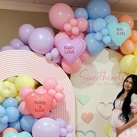 Nicole Creations Houston on Instagram: "Our sweethearts are on their way 🩷🧡🩵💜💛  What a cute theme for a baby shower. Congratulations to mommy to be!!!  #sweethearts #candy #babyshower #itsagirl #twins #twingirls #houstondecorator #balloongarland #custombackdrops #eventplanner" Girl Baby Shower Themes For February, Candy Land Theme Baby Shower Ideas, Sweetheart Is On The Way, Baby Shower Girl Theme February, Conversation Heart Baby Shower Theme, Baby Shower Themes Girl February, Girl Baby Shower Ideas Themes February, Candy Theme Baby Shower Ideas, Girl Baby Shower Themes February