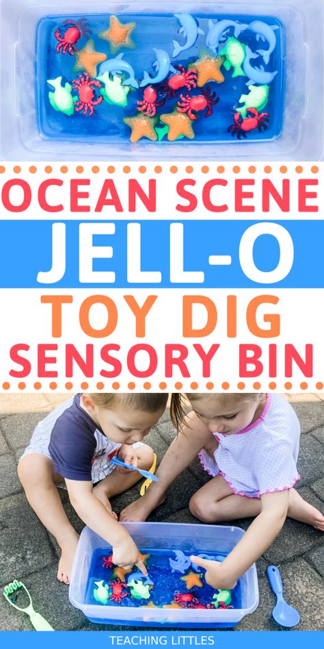 Ocean Scene Jello Toy Dig Sensory Bin - Teaching Littles Summer Sensory, Toddler Sensory Bins, Ocean Theme Preschool, Sensory Bags, Learn Through Play, Toddler Sensory, Screen Free Activities, Play Outside, Jell O