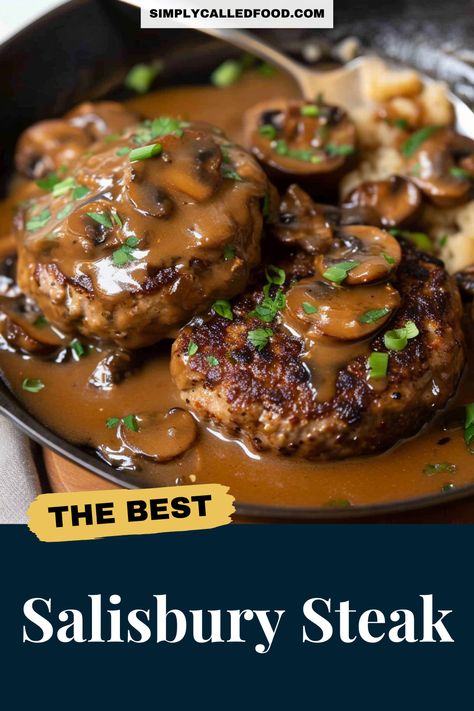 Choose the Salisbury Steak recipe for a quick and easy dinner. Suitable for any diet, it's a versatile entree for busy nights. This simple, homemade recipe can be made on a stove top, in a slow cooker, or a crock pot, offering a delicious alternative to regular hamburger meals. It's also great for those who love oven-baked dishes. Check out SimplyCalledFood.com for this Salisbury Steak recipe and other minced beef recipes. Quick Salisbury Steak Recipe, Salisbury Steak Recipe Easy Frozen Patties, Salsbury Steak Recipe Using Hamburgers, Salisbury Steaks Easy, Cube Steak Salisbury Steak, Slow Cooker Salisbury Steak Recipe, Simple Salisbury Steak Recipe, Baked Salisbury Steak Oven, Salsbury Steak Sides Dinners