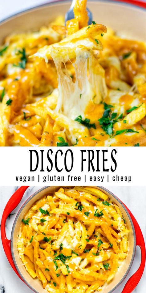 These Disco Fries are made with the best vegetarian gravy. Is is cheesy, hearty, and absolutely delicious comfort food. A keeper that the whole family, even pickiest eaters will enjoy. #vegan #dairyfree #vegetarian #discofries #dinner #lunch #gravy #contentednesscooking Vanlife Meals, Disco Fries, Vegetarian Gravy, Vegan Casserole, Vegan Side Dishes, Vegan Sides, Vegan Comfort Food, Best Comfort Food, Vegan Appetizers