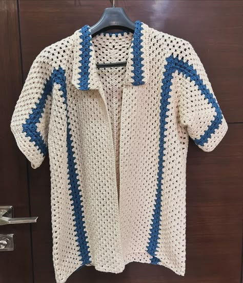 #crochetshirt #hexagonshirt #relaxagonshirt #crochetprojects #crochetclothing #handmade #handmadeclothing | Instagram Crochet Shirt Button Up, Crochet Man Shirt, Hexagon Top Crochet, Hexagon Cardigan Crochet Men, Crochet Shirt Summer, Crochet Hexagon Top, Hexagon Crochet Shirt, Crochet Mens Shirt Pattern, Crochet T-shirt