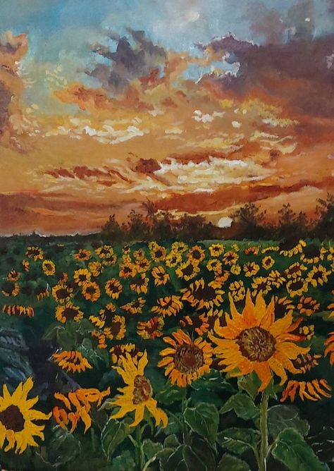 Sunflower Fields Painting, Sunflower Sunset Painting, Field Of Sunflowers Drawing, Field Of Sunflowers Painting, Painting Ideas Realism, Scenery To Paint, Sceneries Painting, Sunflower Field Drawing, Sunflower Scenery