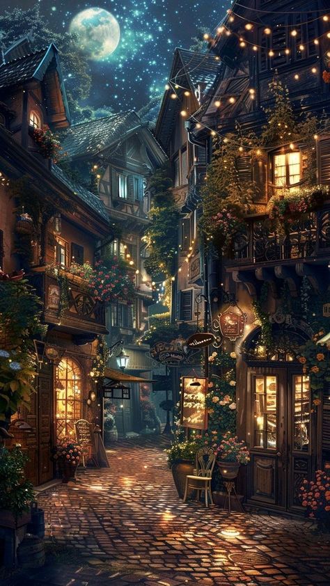 Fantasy City At Night, Medieval Town Art, Treehouse City, Hospital Christmas Decorations, Arcade Business, Lantern At Night, Tudor Village, Night Lanterns, Breaking Up With Him