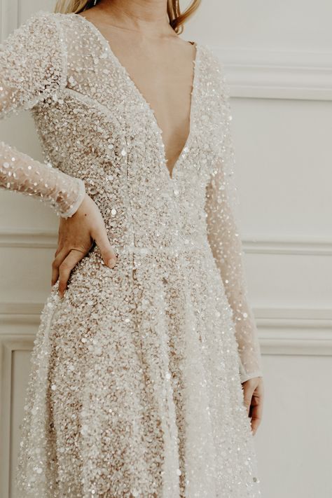 Starfall Party, Sequence Wedding Dress, Maximalist Bride, Long Sleeve Beaded Wedding Dress, Wedding Dress Glitter, Ethereal Bride, Ethereal Wedding Dress, Glitter Wedding Dress, Royal Wedding Dress