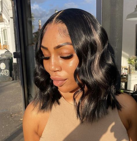 Bob Hairstyles For Black Women Crimps, Crimped Bob Side Part, Middle Part Bob Beach Waves, Short Bob Weaves Sew In Black Women, Beach Waves Quick Weave, Middle Part Beach Waves Bob Black Women, Beach Wave Quick Weave Bob, Wavy Bob With Highlights, Beach Waved Hairstyle Short