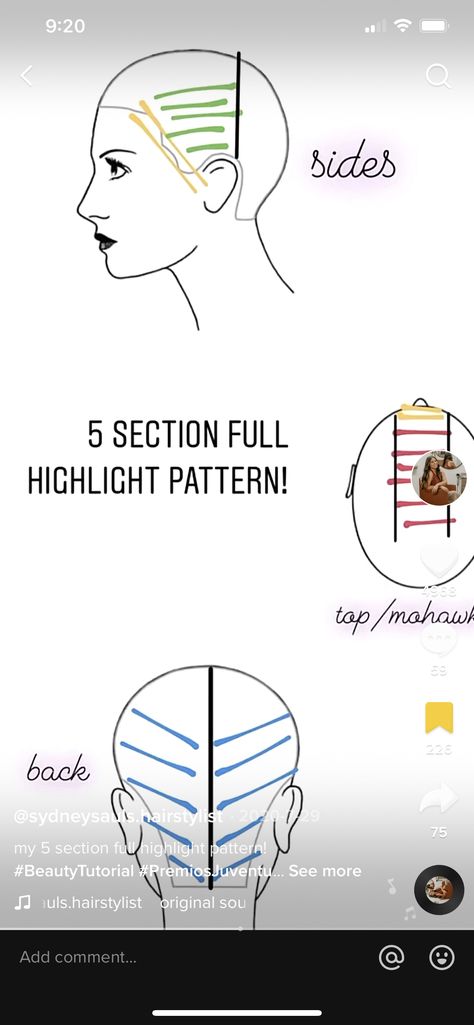 Highlight Diagram Hair, Full Highlight Foil Placement, Highlight Mapping Hair, Blonde Highlight Placement, Full Highlight Placement Diagram, Full Foil Placement, Full Highlight Placement, Foil Placement Techniques Pattern, How To Section Hair For Highlights