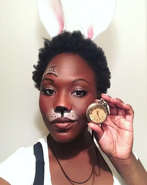 White Rabbit from Alice in Wonderland Pocket watch from www.sallydress.com Makeup is simple face Halloween makeup Rabbit Face Makeup, Simple Bunny Makeup, March Hare Makeup, Bunny Costume Makeup, Rabbit Makeup Halloween, Bunny Makeup Halloween, Jojo Halloween, White Rabbit Makeup, Shrek Makeup