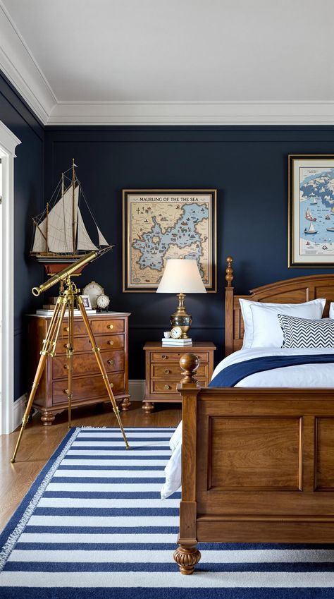 Coastal Master Bedroom Vintage Nautical Decor Bedroom, American Themed Bedroom, Ship Themed Bedroom, Captains Quarters Bedroom, Moody Nautical Decor, Vintage Nautical Bedroom, Navy Boys Room, Coastal Kids Bedroom, Nautical Bedroom Ideas