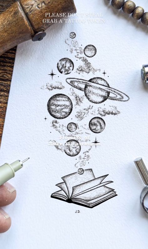 Book And Space Tattoo, Fine Line Galaxy Tattoo, Universe Drawing Ideas, Telescope Tattoo, Universe Tattoo Ideas, Telescope Drawing, Physics Tattoos, Outer Space Tattoos, Tattoo Space