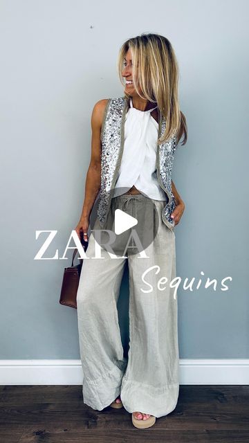 Abi Norman on Instagram: "Summer sequins…yay or nay?

I am a total sucker for sparkly things and I love the look of sequins and denim - the perfect combination of glam and casual✨

The one shoulder top & waistcoat are both @Zara and they will add a nice bit of interest to any outfit. I will link both in stories.

Jeans @urbanoutfitters - old 
Belt @hm - old
Tan shoulder bag - old

Linen top & trousers both @zara last year
Small tan bag @zara - current 

#zarastyle #zaraoutfit #zarawoman #summersequins #sequins #accessorise #glamorousoutfit #casualchic #casualstyle" Sequin Waistcoat Outfit, Zara Top Outfit, Zara Outfit 2024, Sequin Waistcoat, Summer Sequins, Waistcoat Outfit, Zara Summer, Bag Zara, Glamorous Outfits