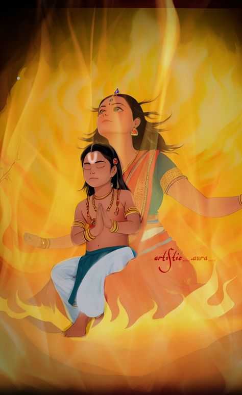 A woman sitting with a child in fire, Holika Dahan Holi Painting, God Illustration, Rama Lord, Holika Dahan, Aquarium Live Wallpaper, Good Over Evil, Ram Sita, Basic Art, Holi Party