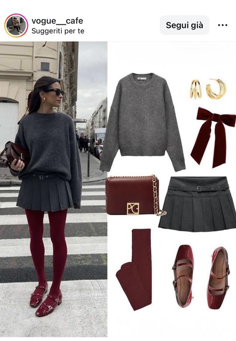 Gray Skirt Outfit, Maroon Outfit, Red Tights, Paris Outfits, Fashion Mistakes, Red Outfit, Band Workout, Autumn Outfit, Outfit Inspo Fall