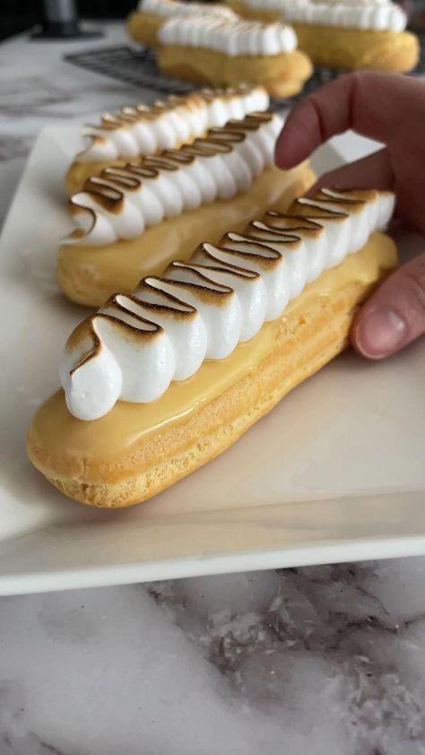 Food Fashion Editorial, Eclair Recipe, Profiterole, Coffee Shop Ideas, French Desserts, Tasty Baking, Fancy Desserts, Cake Inspo, Lemon Meringue