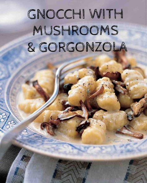 Gnocchi with Mushrooms and Gorgonzola Sauce | Martha Stewart Living - The earthy flavor of mushrooms is offset by a luscious Gorgonzola cheese sauce. It is important not to substitute another type of blue cheese in this dish; the creamy quality of genuine Gorgonzola is necessary for the best results. Gnocchi With Mushrooms, Gorgonzola Sauce, Gnocchi Recipes, Holiday Appetizers, Christmas Recipes, Tortellini, Finger Food, Gnocchi, Sauce Recipes