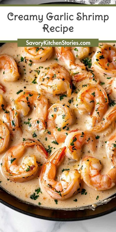 Want to elevate your weeknight dinners with a seafood twist? This creamy garlic shrimp recipe is both indulgent and incredibly easy to whip up! Perfect for any seafood lover, it’s a must-try. Be sure to save this for your future dinner inspiration! One Pot Creamy Garlic Shrimp, White Sauce Shrimp, Shrimp Wine Sauce, Creamy Shrimp Recipes With Rice, Garlic Chicken And Shrimp Recipes, Creamy Garlic Parmesan Shrimp Pasta, Shrimp Steak Topping, Shrimp Winter Recipes, Shrimp And Mozzarella Recipes