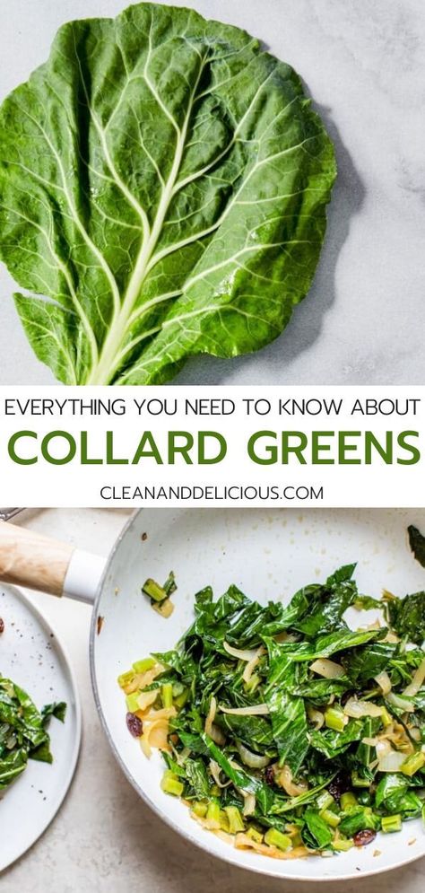 Everything to know about Collard Greens! Learn how to clean, how to cook and more - plus get several easy and healthy recipes! Collards can be braised, steamed, sautéed or stir-fried, and can also be eaten raw. They are a powerful, plant-based source of calcium, which is especially great for anyone on a vegetarian or vegan diet. Watch the video to get all the info! #meal #collardgreens #veggies #healthrecipe #cleaneating Steamed Collard Greens, How To Cook Fresh Collard Greens, How To Clean Collard Greens, Collard Greens Recipe Healthy, Cook Collard Greens, How To Cook Collards, Collard Greens Salad, Black Thanksgiving, Leafy Greens Recipes