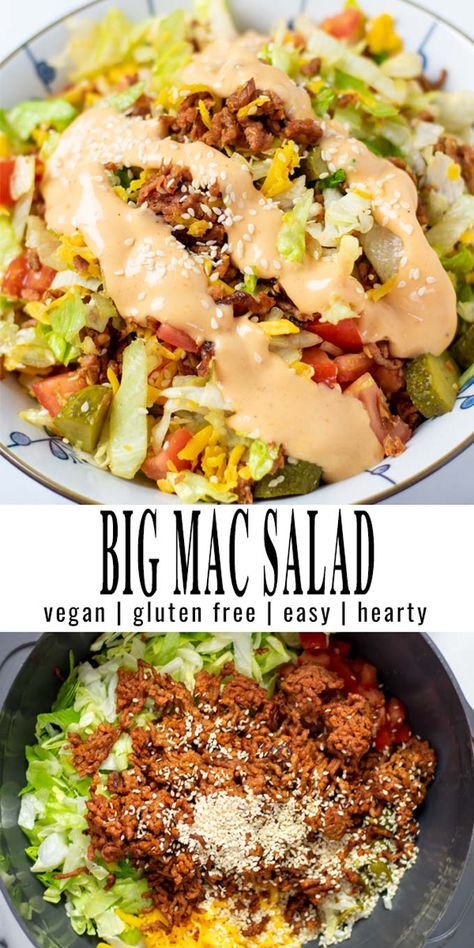 Big Mac Salad is a family favorite made with vegan ground beef crumbles, tomatoes, lettuce and pickles. All covered in a great big mac sauce. Everything what is wonderful about your favorite fast food dish, but with less carbs and calories. #vegan #dairyfree #dinner #vegetarian #lunch #contentednesscooking #bigmacsalad #bigmacsauce Vegan Crumbles Ground Beef Recipes, Bic Mac, Mac Salad Recipe, Vegan Ground Beef, Mac Sauce, Big Mac Salad, Dinner Vegetarian, Vegan Beef, Mac Salad