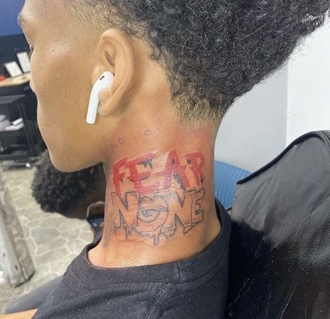 Neck Tattoos With Meaning, Dope Neck Tattoos For Men, Neck Quote Tattoo, Middle Neck Tattoo Men, Neck Tats For Men, Fear None Tattoo, Rip Tattoos For Men, Small Neck Tattoos Men, Neck Tattoo For Boys