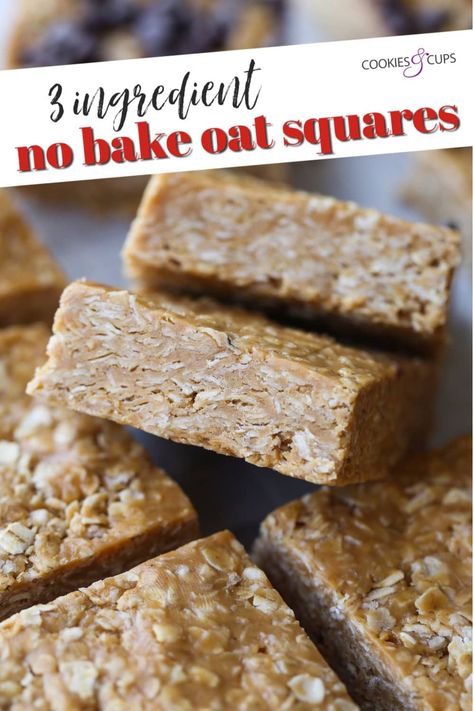 These simple 3 Ingredient No Bake Peanut Butter Oat Squares can be thrown together in minutes. Use all natural/organic ingredients, if you prefer, for a healthier version! Either way, this oatmeal bar recipe is easy, delicious, and the best snack or dessert. #nobake #peanutbutter #oatsquares #peanutbutterbars #oatmealbars #peanutbutterrecipe #easysnack #3ingredientdessert Easy Oat Bars 3 Ingredients, Oat Squares Recipe, Butter Powder Recipes, Oat Bars Healthy, Oat Squares, Peanut Butter Powder Recipes, Oatmeal Bars Healthy, Oatmeal Dessert, Peanut Butter Oat Bars