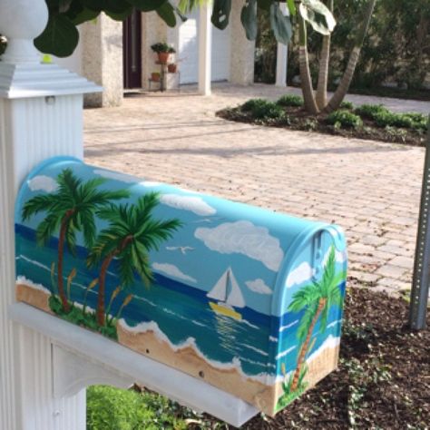 Coastal Mailbox, Beach Mailbox, Beachy Farmhouse, Wedding Card Boxes, Painted Mailbox, Cool Mailboxes, Mailbox Makeover, Painted Mailboxes, Diy Mailbox