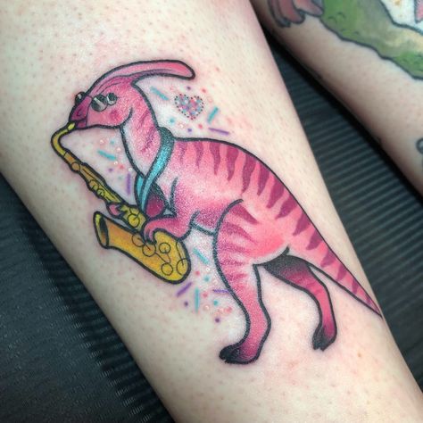 Rhiannon Hustwayte on Instagram: “Shiny photo sarrrryyy! Nobody plays sax like George the parasaurolophus 🎷 *careless whisper plays in the background* done agggeess ago on…” Parasaurolophus Tattoo, Sculpting Projects, Dino Dino, Weird Tattoos, Careless Whisper, Skin Art, Body Tattoos, Future Tattoos, Tattoos And Piercings