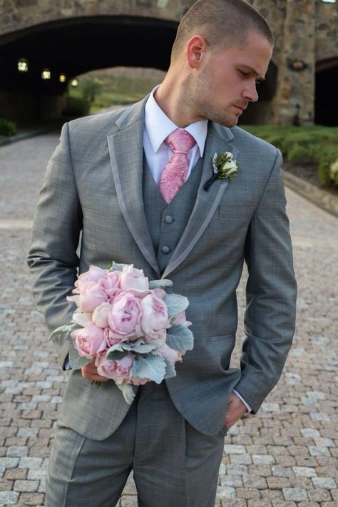 Grey And Pink Suit, Grey Suit With Pink Tie, Grey Suit Pink Tie Wedding, Pink And Grey Groomsmen Attire, Grey Suit Pink Shirt, Grey And Pink Groomsmen Suits, Gray And Pink Tux Wedding, Grey Groomsmen Suits Pink Tie, Grey Suit Pink Tie