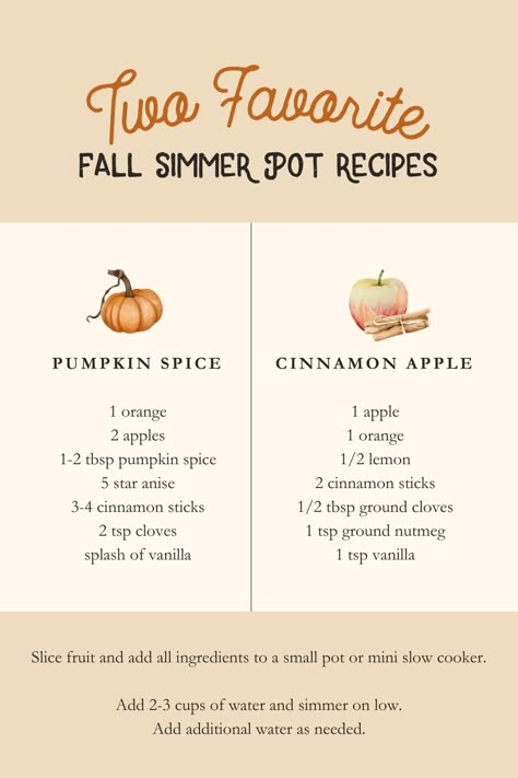 There is absolutely nothing better than a house that smells good when you walk in! One of our favorite ways to do that, besides burning a candle or using a smell-good spray is by stovetop potpourris or simmer pots! There's something about filling a pot with some water, fruit, and spices that feels like the holidays! In this blog we're sharing 2 of our favorite fall simmer pot recipes and more about how you can use our stovetop potpourri gift tags for a cute fall gift for a friend. See it here! Halloween Stovetop Potpourri, Aroma Simmer Pot, Stove Potpourri Fall, How To Make A Fall Simmer Pot, Potpourri Recipes Fall, Diy Fall Simmer Pots, Fall Simmer Pot Smells, Mulling Spices House Smells, Fall Pot Pourri Recipes