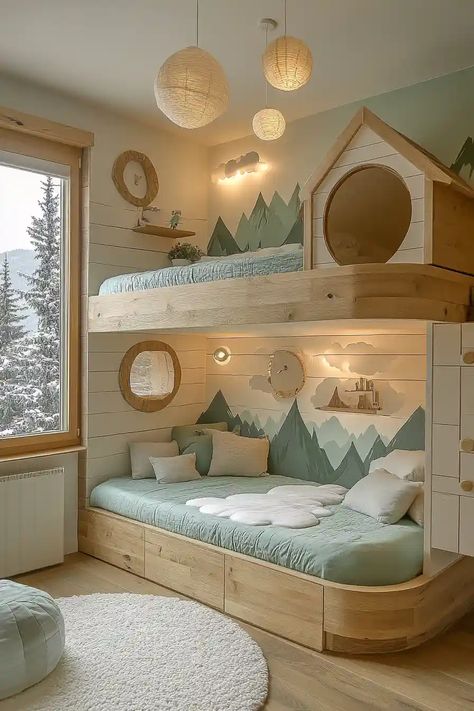 21 Lovely & Practical Shared Kids’ Room Ideas - DailyHomeSafety Kids Room Two Full Beds, Bunk Bed Corner Ideas, Built In Bunkbeds Kids, Guest Bedroom With Bunk Beds, Kids Room Design Boy And Girl, Four Kids One Room, Crib And Bed In One Room, Kid Bunk Bed Ideas, Toddler Bunk Beds Diy Small Rooms