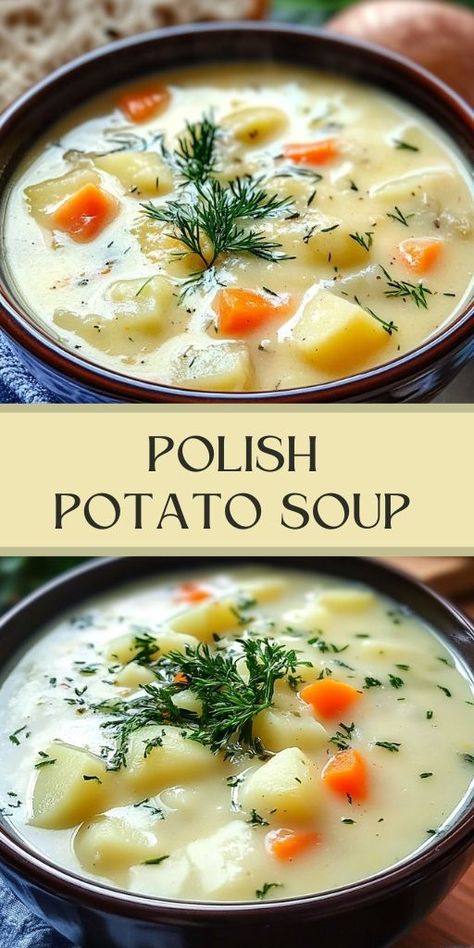 Potato Soup is a rich and hearty soup perfect for cold days! 🥔🍲 Creamy, comforting, and packed with flavor, this soup is made with tender potatoes, savory broth, and a blend of spices that warms you from the inside out. It's an easy one-pot meal that’s great for family dinners or meal prep, and it pairs wonderfully with crusty bread or a fresh salad. 😋  ✨ Make this delicious Potato Soup today and savor the warmth of homemade goodness! ✨  #PotatoSoup | #ComfortFood | Potato Soup With Instant Potato Flakes, Polish Potato Soup, Winter Stews And Soups, Rustic Potato Soup, Leak And Potato Soup Recipes, Simple Potato Soup Recipe, Roasted Potato Soup, Soup Recipes No Dairy, Healthy Potato Soup Recipes