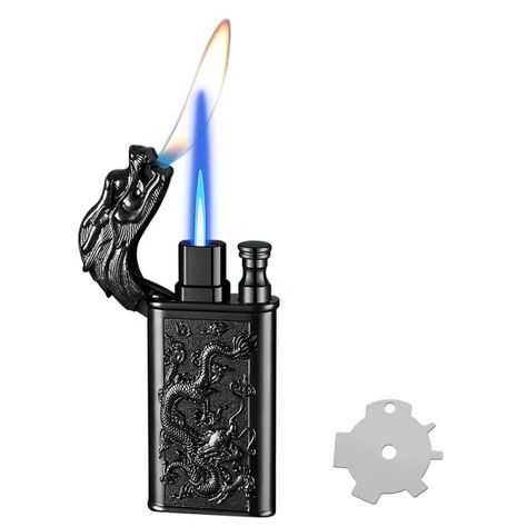 I just found this on AliExpress: $28.86 | Cool Dragon Design Magic Dual Flame Torch Lighter with Adjusting Flame Tool Windproof Jet Flame Lighter (Without Butane) Dragon Mouth, Butane Gas, Kitchen Storage Cart, Butane Lighter, Wine Rack Storage, Work Space Decor, Cool Dragons, Fire Designs, Gas Lights