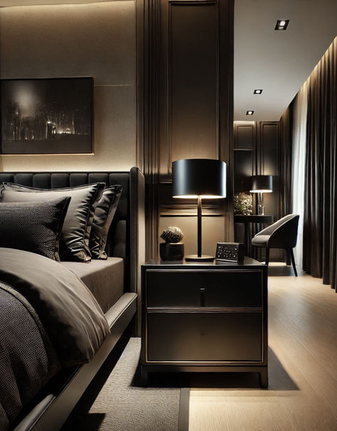 Bedroom with Black Furniture nightstand Bedroom With Black Furniture, Bedroom Mid Century Modern, Fluted Side Table, Bedroom Mid Century, Tall Nightstand, Elegant Bedroom Design, Tall Nightstands, Black Nightstand, Modern Chest Of Drawers