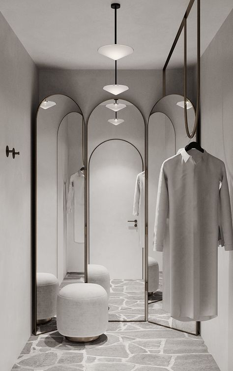 High End Retail Store Design, Mirror In Boutique, Aesthetic Changing Room, Dress Showroom Interior Design, Abaya Store Interior Design, Changing Room Design, Fitting Room Mirror, Tailoring Shop Interior Design, Luxury Changing Room Spa