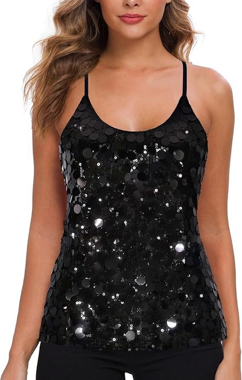 MANER Women's Contrast Sequin Tops Glitter Party Strappy Coin Tank Top Sparkle Cami (XS/US 0-2, Big Black) at Amazon Women’s Clothing store Strappy Tank Top, Glitter Party, Strappy Tank Tops, Sequin Top, Luxury Store, Amazon Women, Cami Tanks, Pharmacy Gifts, Clothing Store