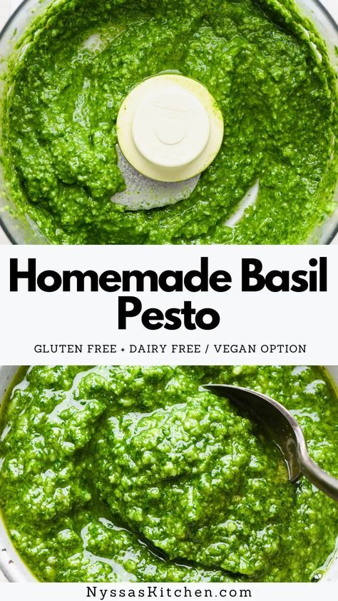 Homemade basil pesto is a versatile and easy to make sauce that tastes so much better than store bought! It's creamy, bursting with fresh flavors, and ready in less than 5 minutes. Perfect for everything from pesto pasta, to sandwiches, on pizza, with roasted veggies, in salads, to your favorite grilled protein. Gluten free, vegan / dairy free / paleo / Whole30 option. Vegetarian Dips, Aip Condiments, Primal Instincts, Homemade Basil Pesto, Gluten Free Pesto, Primal Living, Everyday Dinners, Gnocchi Pasta, Eat More Vegetables