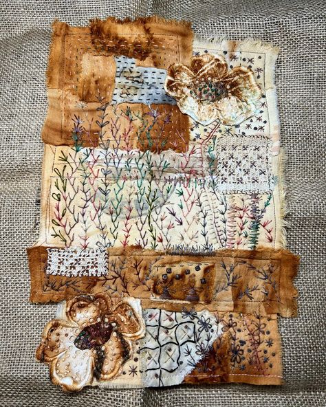 Various rust dyed fabric pieces sewn together then lots of hand stitching added! Rust Dyed Fabric Art, Rust Dyeing Fabric, Rust Dyed Fabric, Thesis Ideas, Garden Collage, Spirit Cloth, Burlap Art, Rust Fabric, Rust Dye