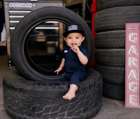 Mechanic themed first birthday! Mechanic 1st Birthday Pictures, First Birthday Mechanic Theme, Levi Photoshoot, 2nd Birthday Photography, Baby Mechanic, Mechanics Birthday, Boys First Birthday, First Birthday Photography, 1st Birthday Pictures