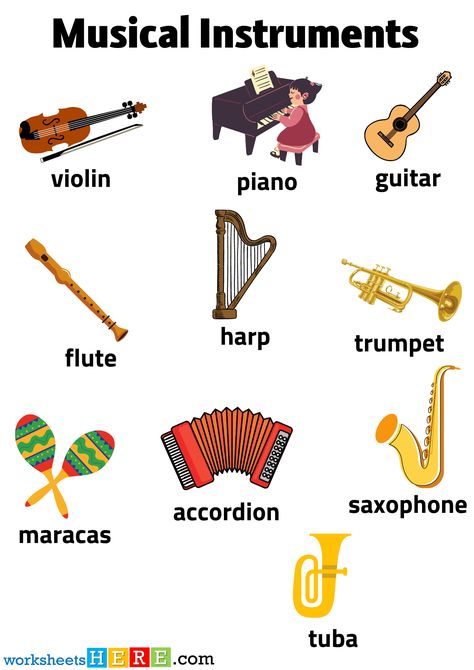 Musical Instruments Flashcards, Musical Instruments Vocabulary with Pictures Worksheets - WorksheetsHere.com Pictures Of Musical Instruments, Musical Instruments Flashcards, Musical Instruments Clipart, Sufi Music, Percussion Instrument, Stringed Instruments, Piano Keys, Percussion Instruments, The Piano