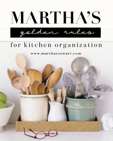 Martha's Golden Rules for Kitchen Organization | Martha Stewart Living - Store things where you use them. Pots and pans are best kept near the range or cooktop; mixing bowls near the countertop you use for food preparation; plates, glasses, and flatware near the dishwasher. Martha Stewart Kitchen, Kitchen Utensil Organization, Countertop Decor, Small Kitchen Organization, Golden Rules, Kitchen Organization Diy, Kitchen Hacks Organization, Kitchen Bowls, Diy Kitchen Storage