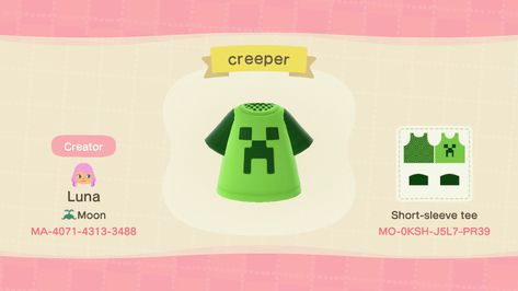 Creeper shirt code for ACNH Animal Crossing Aesthetic Clothes Code, Animal Crossing Quilt, Animal Crossing Shirts Codes, Acnh Marvel, Acnh T Shirt Design, Animal Crossing Shirt Designs, Acnh Shirts Design Codes, Animal Crossing Codes Clothes, Acnh Clothing Codes