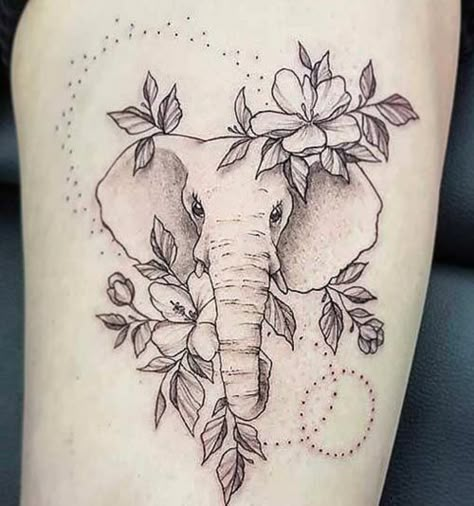 Top 30 Trendy Elephant Flower Tattoo Designs | Inku Paw Elephant Flower Tattoo, Elephant Head Tattoo, Elephant Thigh Tattoo, Thigh Tattoo Ideas, Floral Thigh Tattoos, Feminine Tattoo Sleeves, Elephant Tattoo Design, Skeleton Hand Tattoo, Elephant Tattoo