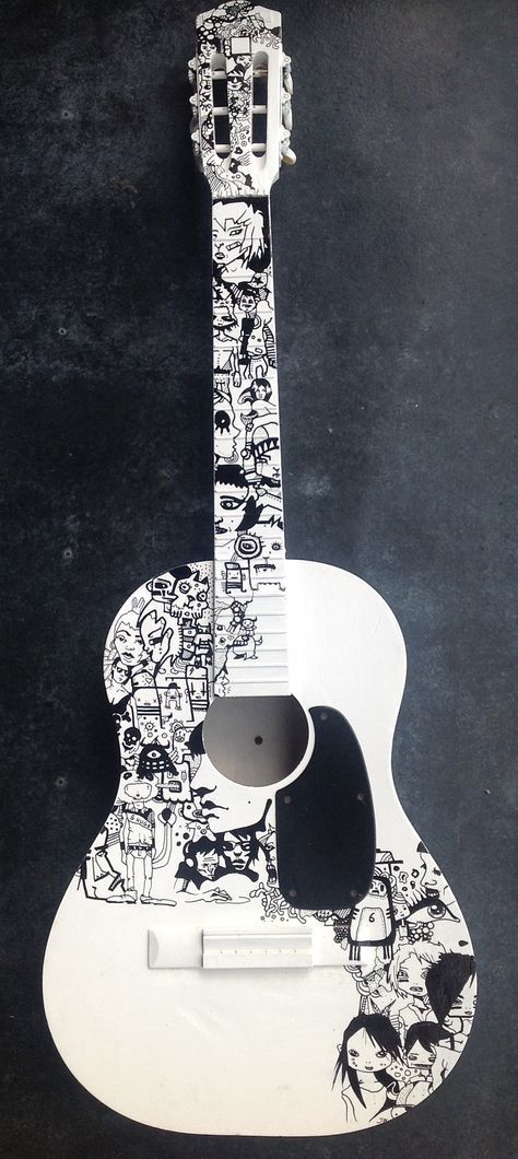 decorated guitar for  www.sixhugsandrocknroll.be Guitar Art Diy, Arte Do Ukulele, Acoustic Guitar Art, Electric Guitar Art, Custom Acoustic Guitars, Guitar Illustration, Art Guitar, Instruments Art, Art Musical