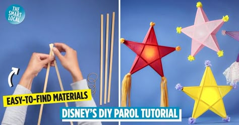 Disney's DIY Parol Tutorial Is Here To Help You Save Up Christmas Parol Diy, Filipino Parol Craft For Kids, Philippines Christmas Crafts For Kids, Diy Parol Christmas Lanterns, Filipino Themed Christmas Decor, How To Make A Parol Star Lanterns, Diy Parole Christmas Stars Filipino, Filipino Parol Diy, Paskong Pinoy Christmas Decorations