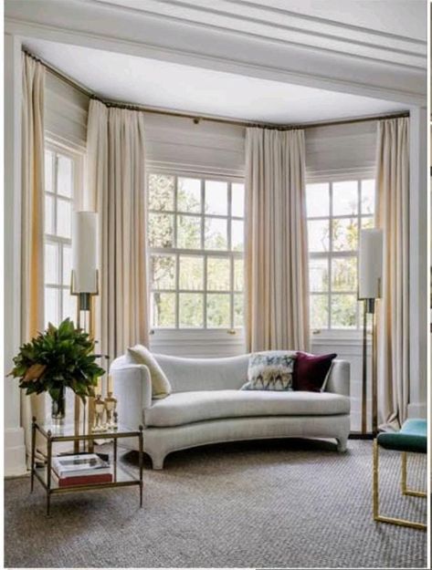 Bow Window Living Room, Curtain Rods For Bay Windows, Silver Curtain Rods, Bay Window Curtains Living Room, Window Seat Living Room, Bow Window Curtains, Bay Window Curtain Rods, Bay Window Decor, Living Room Bay Window