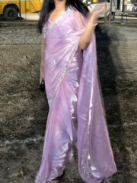 Iridescent Saree, Myntra Saree For Farewell, Purple Tissue Saree, Lilac Saree Lavender, Pastel Saree For Farewell, Pink Saree Aesthetic, Pastel Colour Saree, Farewell Sarees For Teens, Saree Farewell